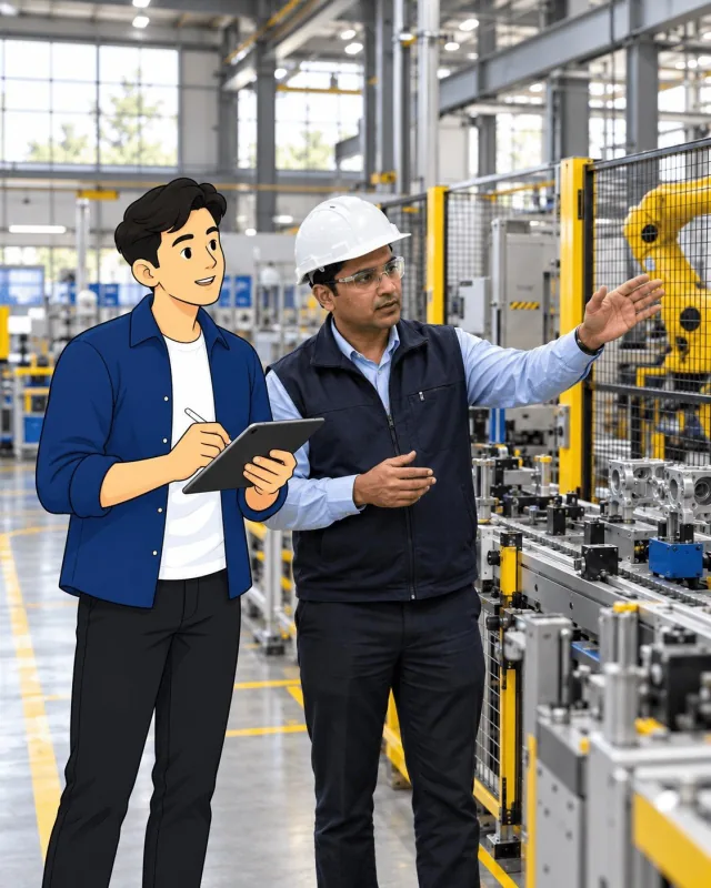 Factory owner explaining production operations to the Defenzelite brand character, who listens and takes notes